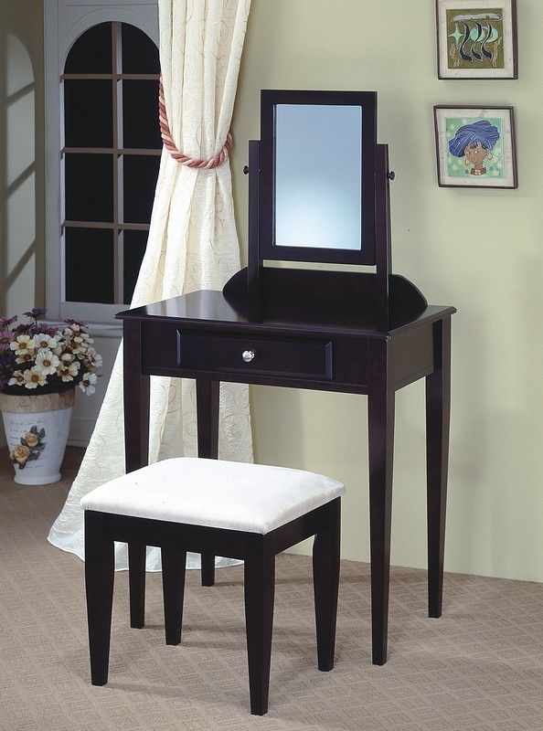 JRS Wood Vanity Set with Stool and Mirror Black Finish