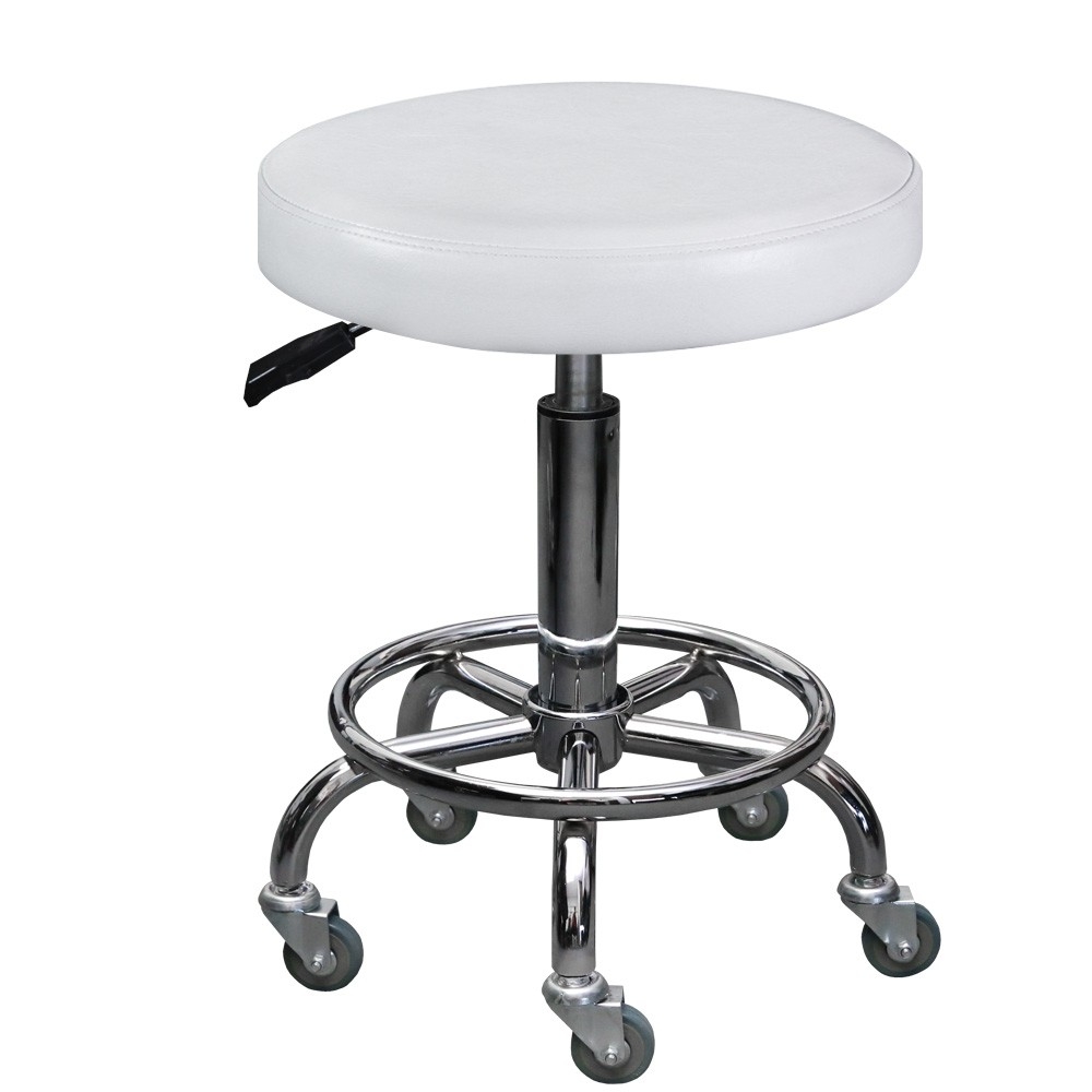 Multi-purpose White Hydraulic Adjustable Rolling Stool w/ Foot Rest for Massage Tables, Examination Tables, Office, Medical and Home Use