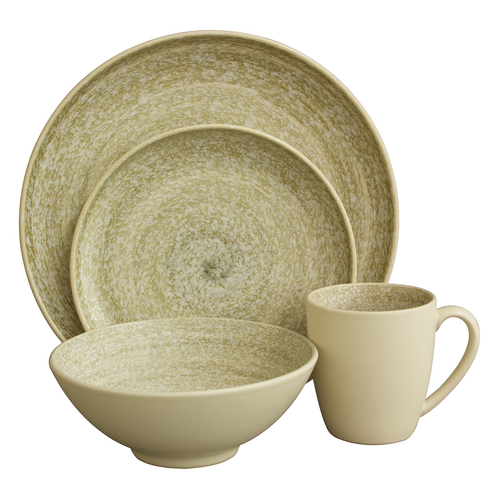 3pc pottery dinnerware place setting in tea green on dark clay no mug