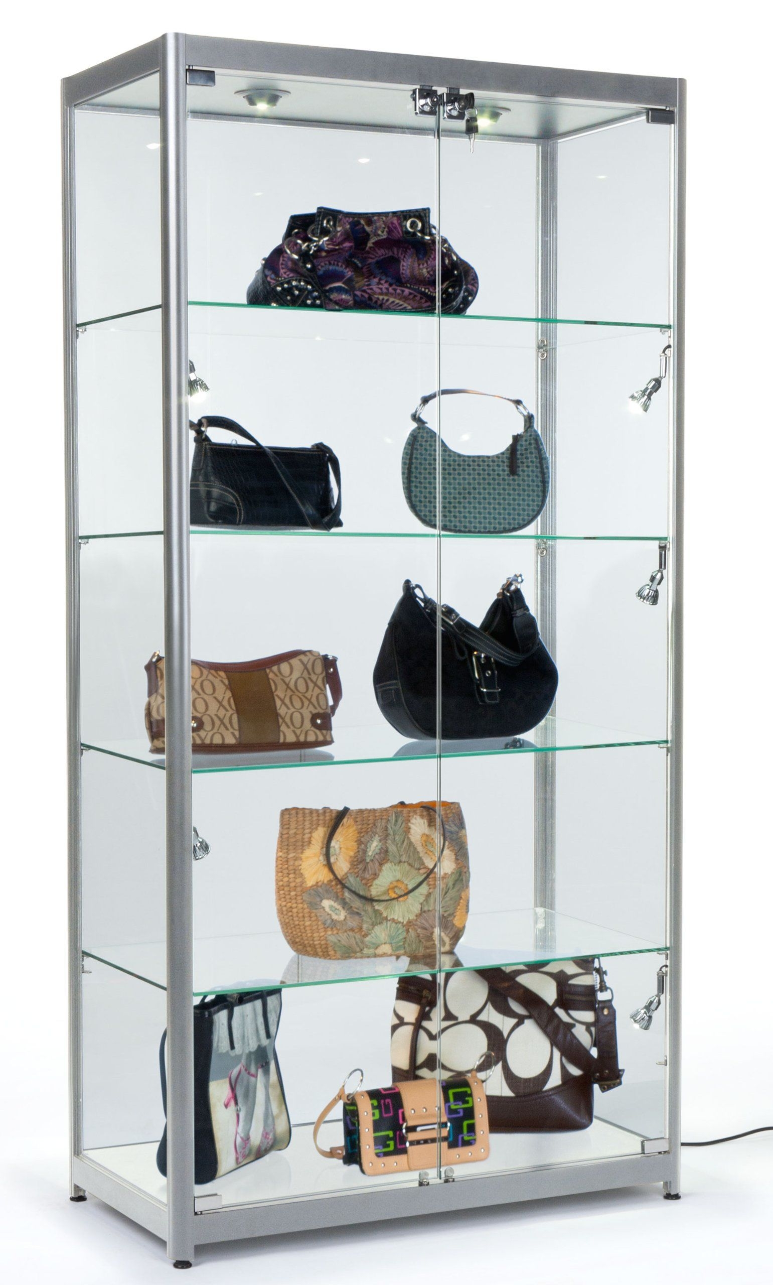 Tempered Glass Curio Cabinet With 8 Halogen Lights, 78 x 40 x 16.5-Inch, Free-Standing, Locking Hinged Doors, Floor Levelers And 4 Green Edge Glass Shelves - Silver, Aluminum