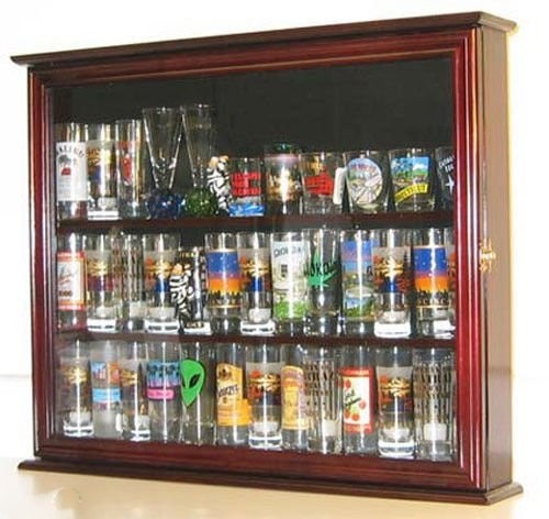 Wall Mounted Curio Cabinet / Sports Shot Glass Display Case, Solid Wood, Glass Door, SC04B-MAH