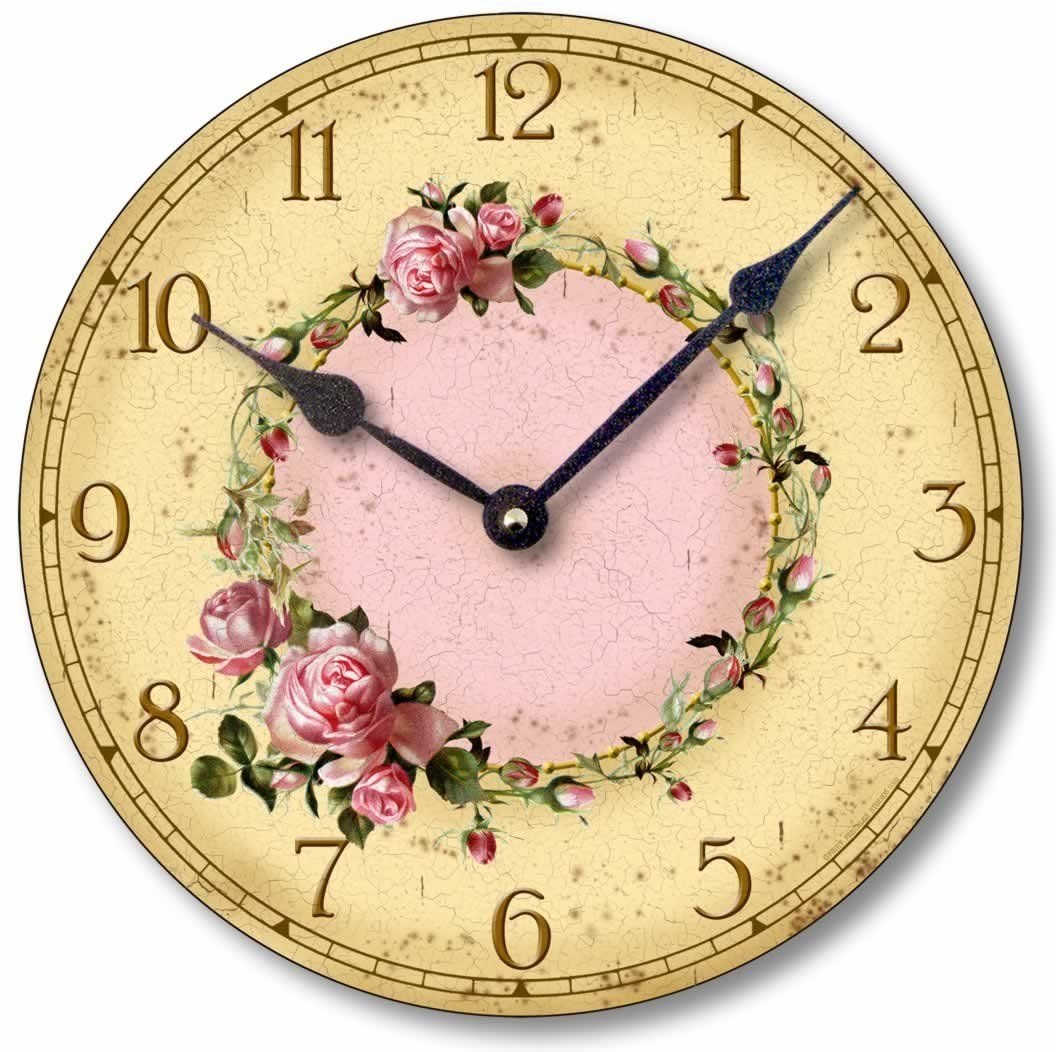 Item C6032 Vintage Style Shabby Chic Pink Roses Clock (10.5 Inch Diameter)