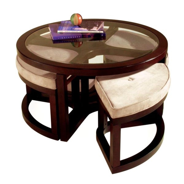 Juniper Mink Brown Wood Round Cocktail Table And 4 Piece Stools Set