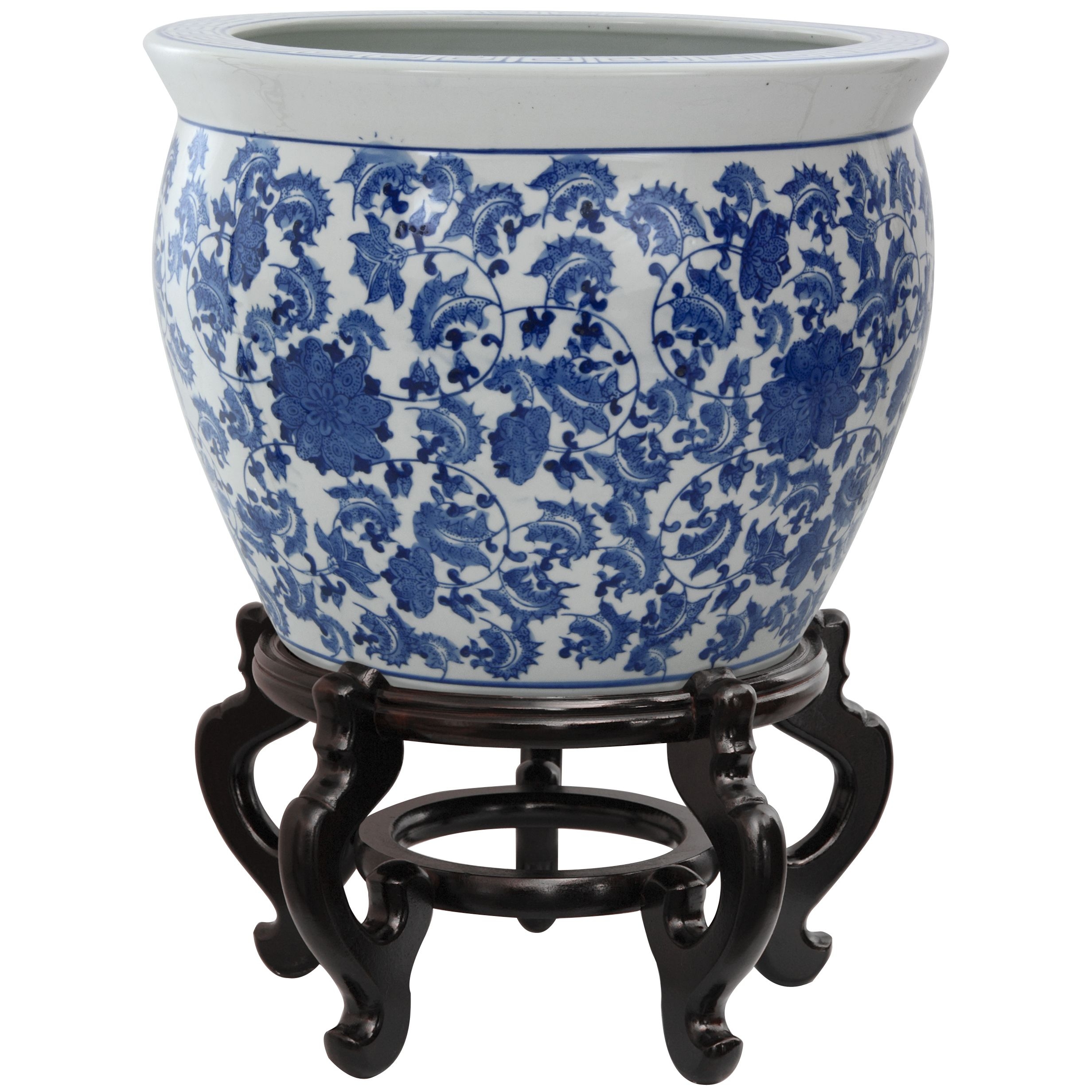 Oriental Furniture Classic Original Authentic, 14-Inch Fine Export Chinese Porcelain Fishbowl, Ming Blue and White Floral Design