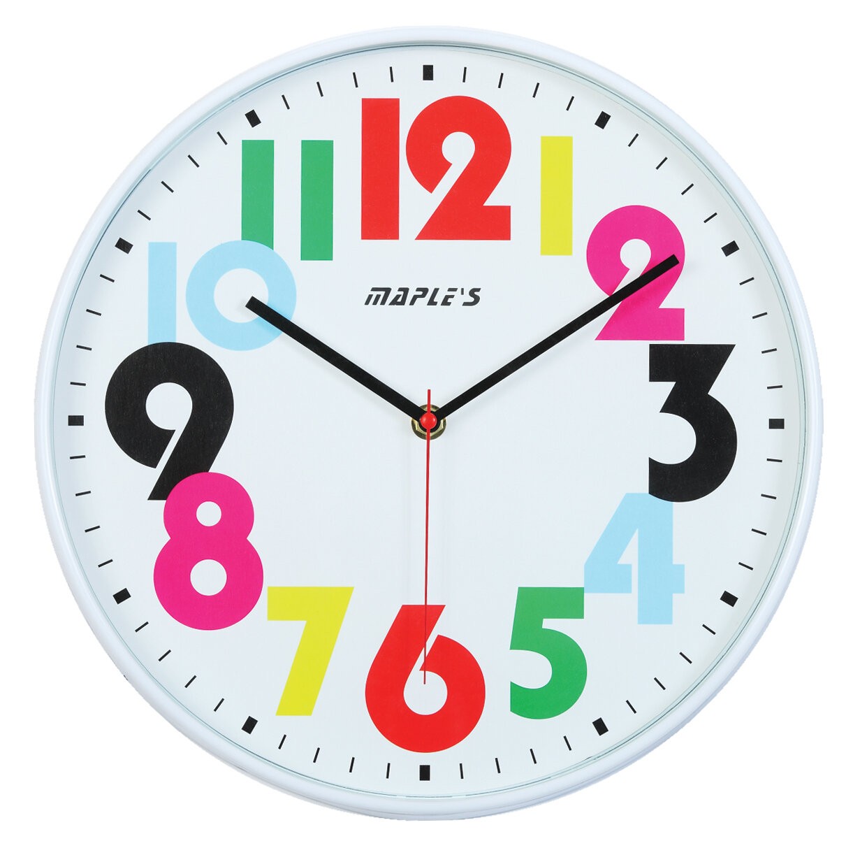 Maple's 12-Inch Wall Clock, White Face with Colored Numerals