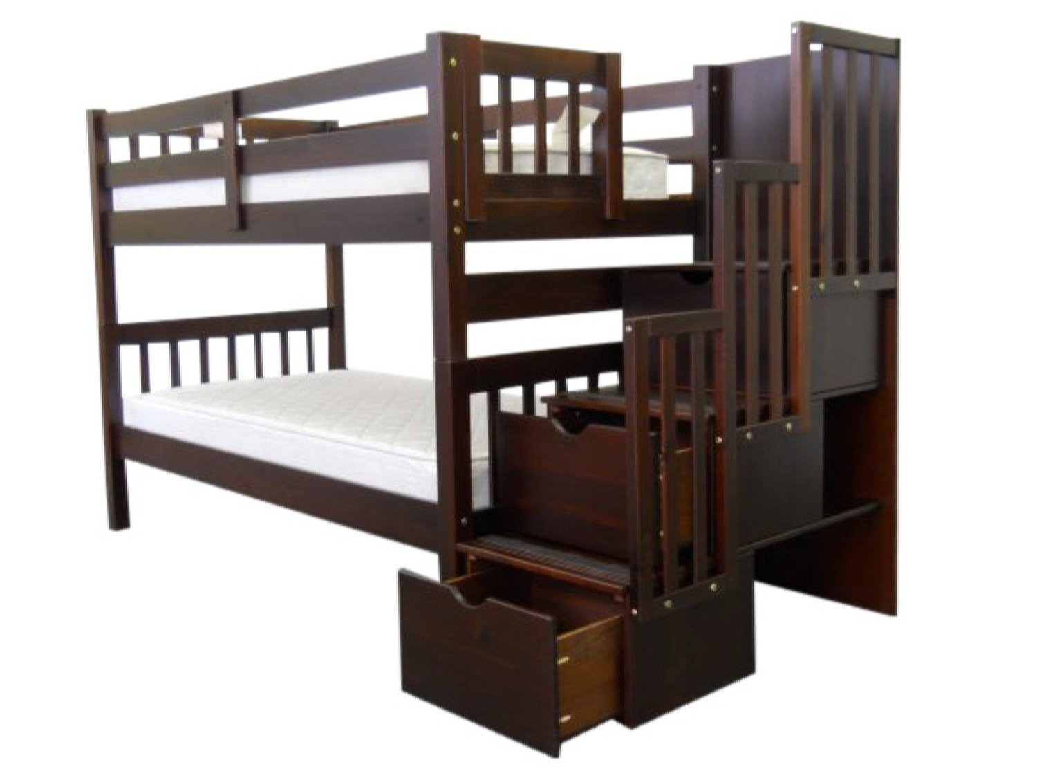 Bedz King Stairway Twin Over Twin Bunk Bed, Cappuccino
