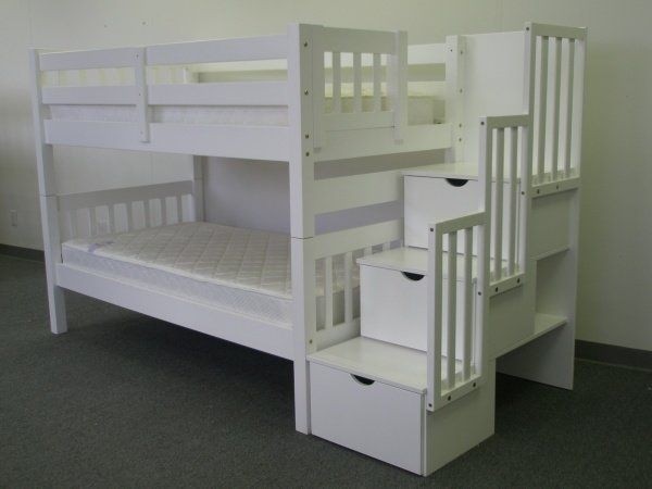 Bedz King Twin Over Twin Stairway Bunk Bed, White