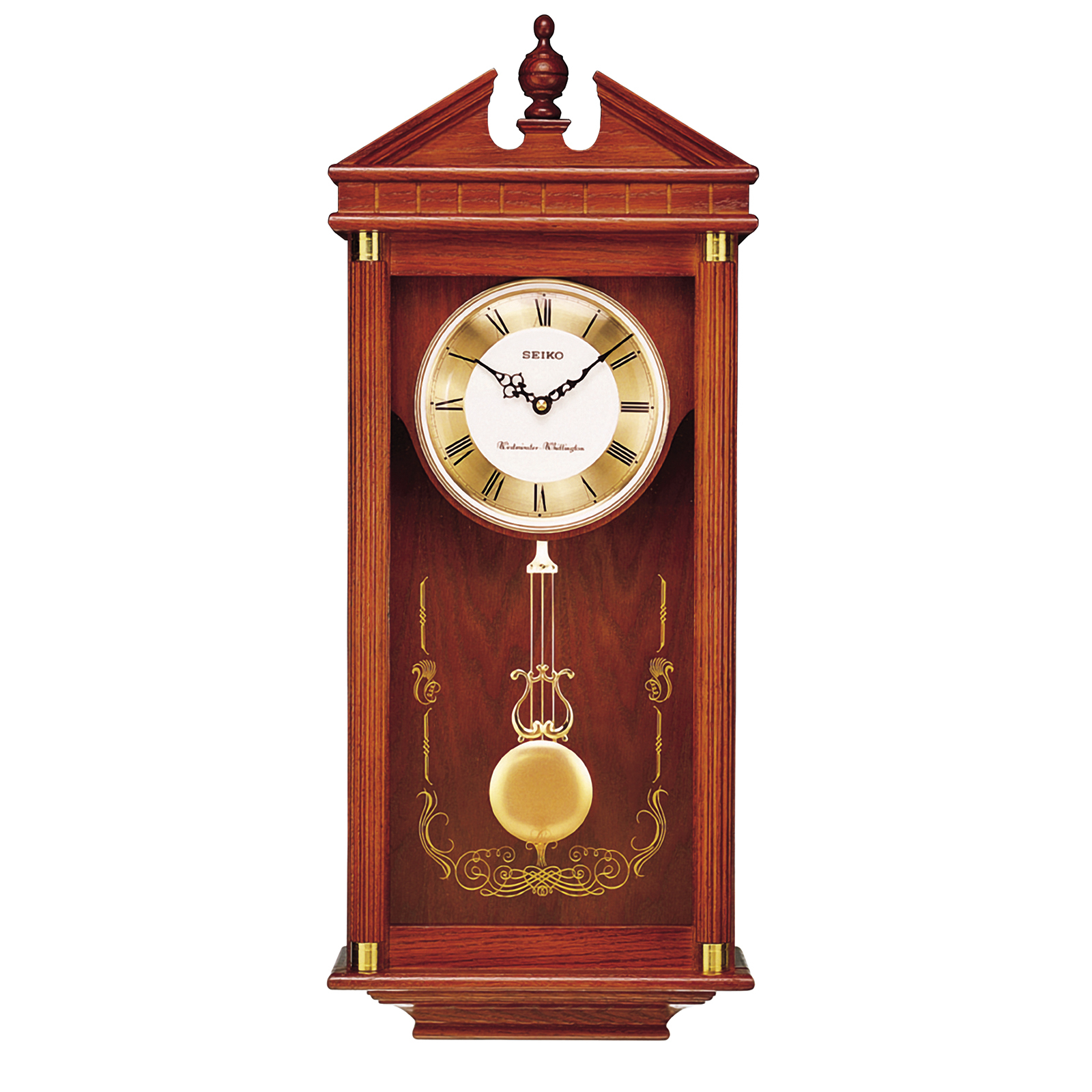 QXC111SLH SEIKO Silver Case Pendulum Analog Quartz Wall Clock on Black Wood