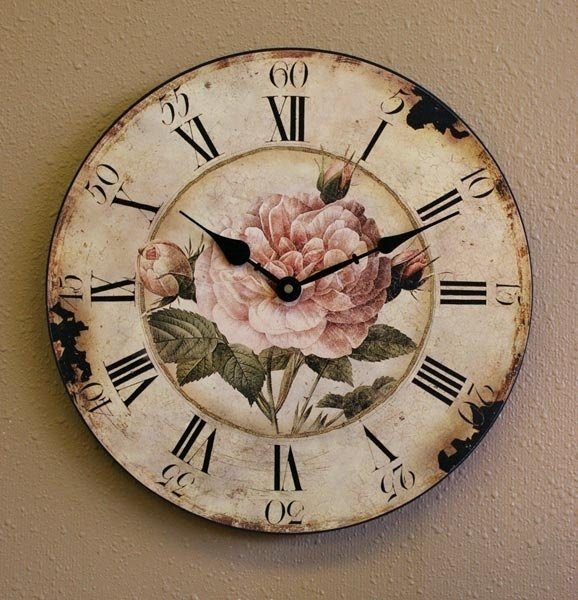 Shabby chic vintage pink rose round wall clock