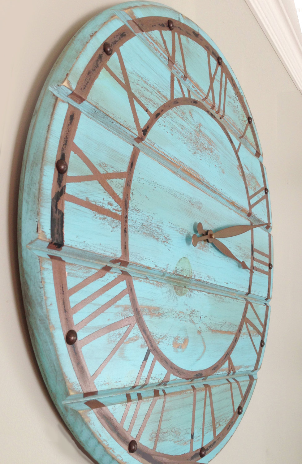 Shabby chic blue wooden wall clock with