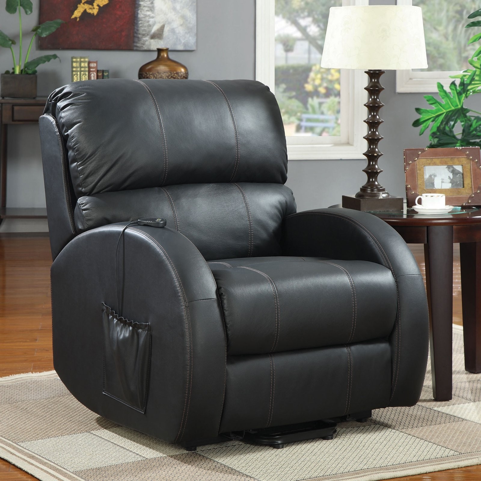 Power Lift Recliner with Side Bag in Black Leather
