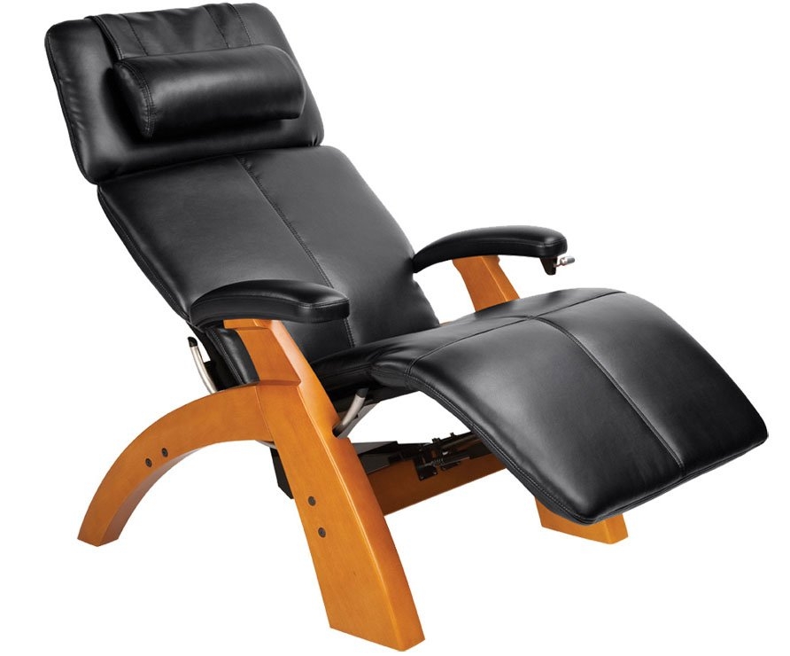 The Human Touch Power Electric Recline Perfect Chair Recliner - Silhouette PC75 / PC-075 Walnut Recline Wood Base - Interactive Health Zero Anti Gravity Chair - Black Bonded Leather