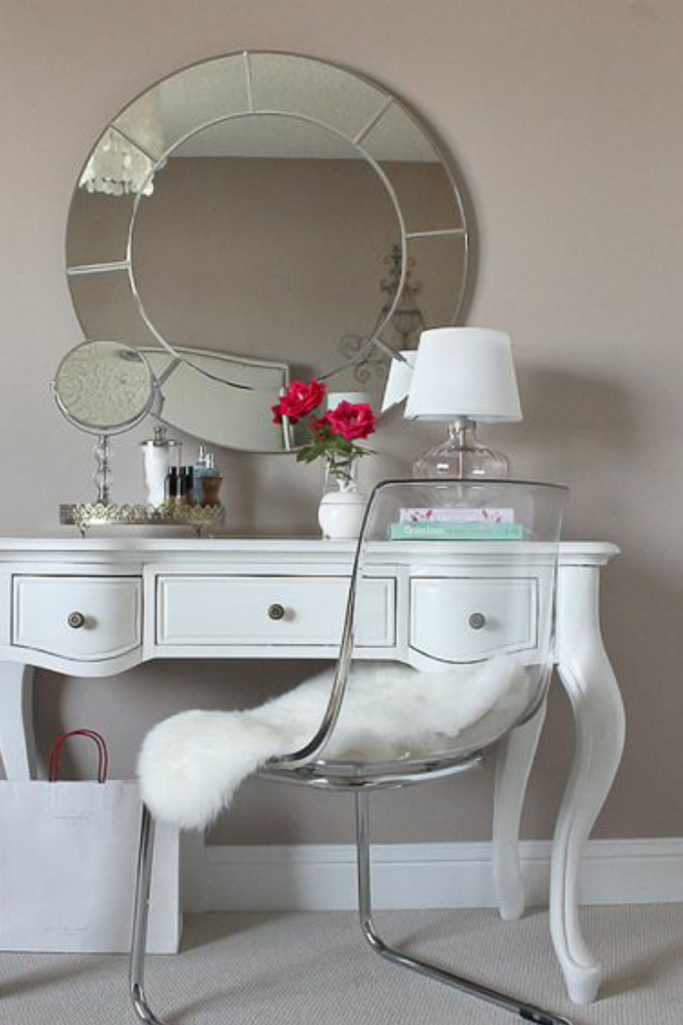 Vanity with mirror and chair