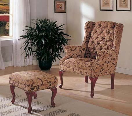 Wing Accent Chair with Ottoman Queen Anne Style Light Brown Fabric