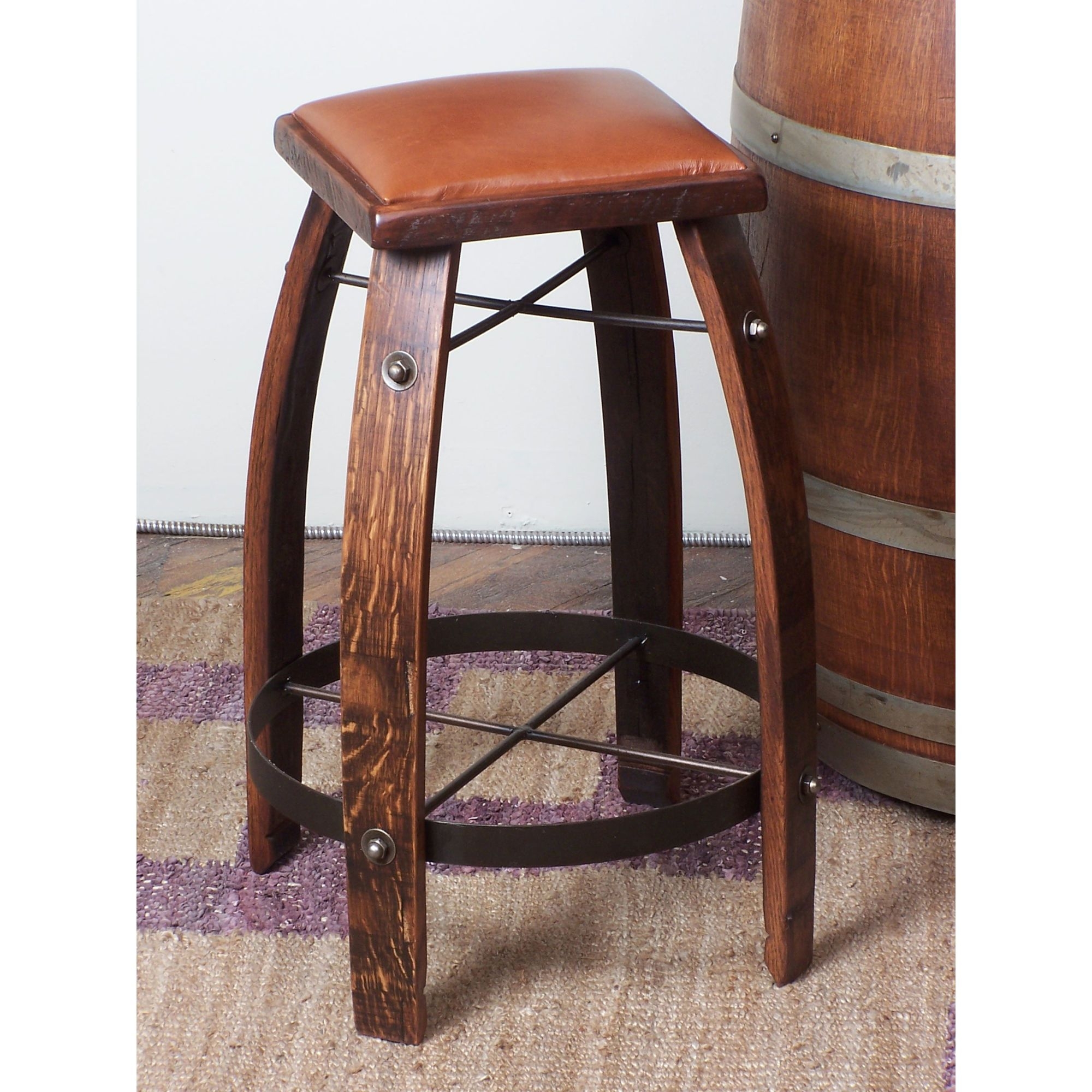 30" Stave Stool w/ Tan Leather Seat - Made from Wine Barrels (Pine Finish)