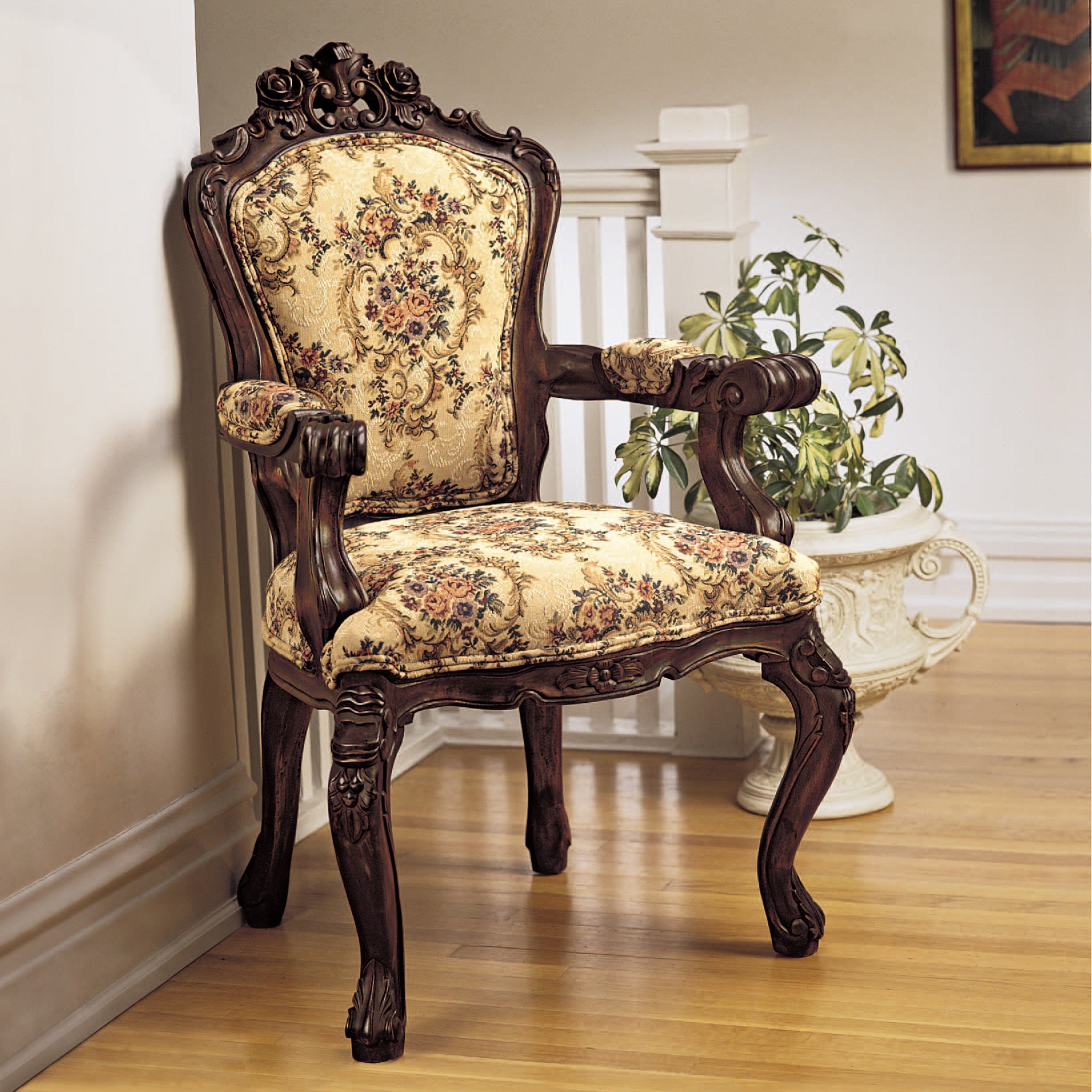 Antique French Louis XV Rococo Hand Carved Velvet Wingback Chair