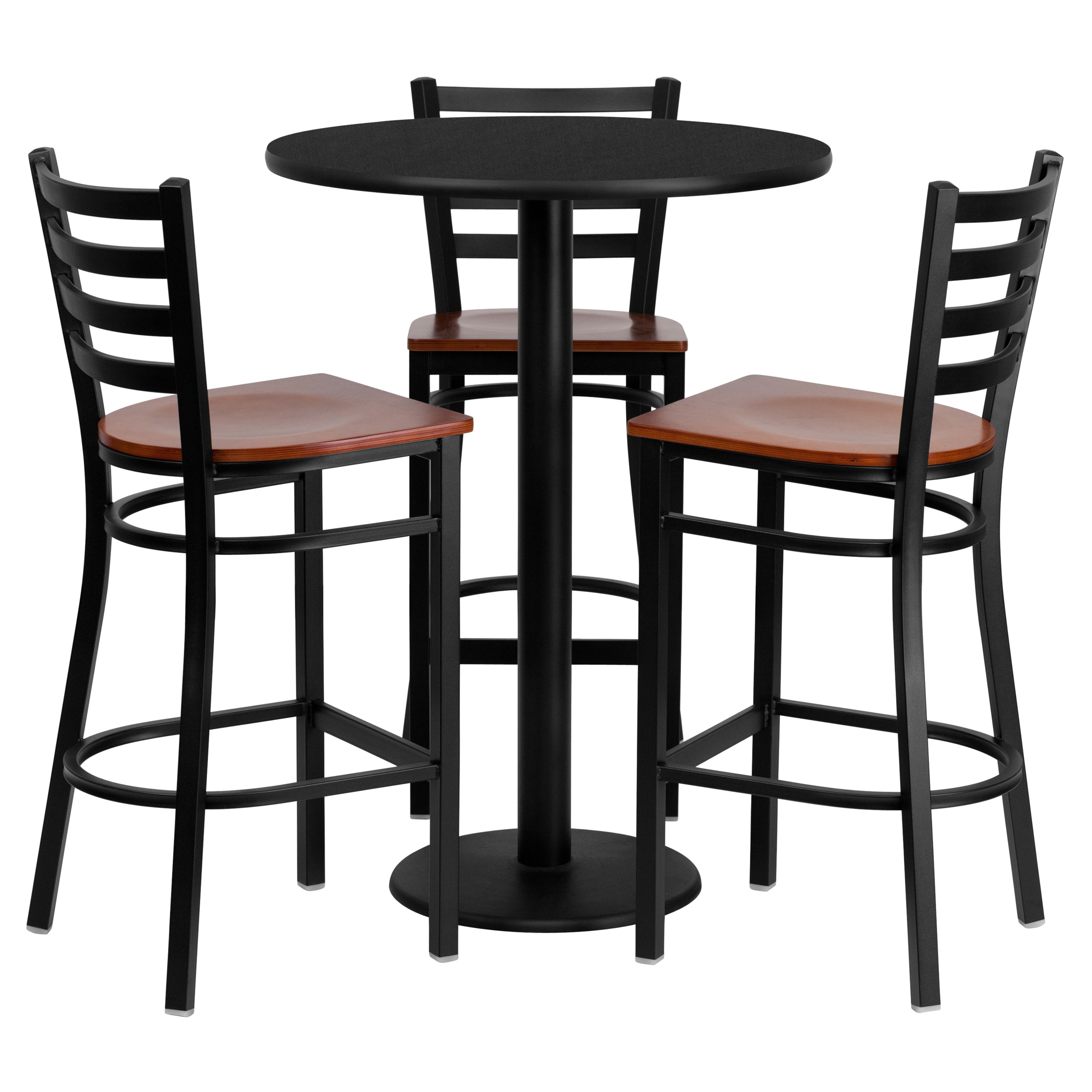 30'' Round Mahogany Table Set with 3 Grid Back Metal Bar Stools