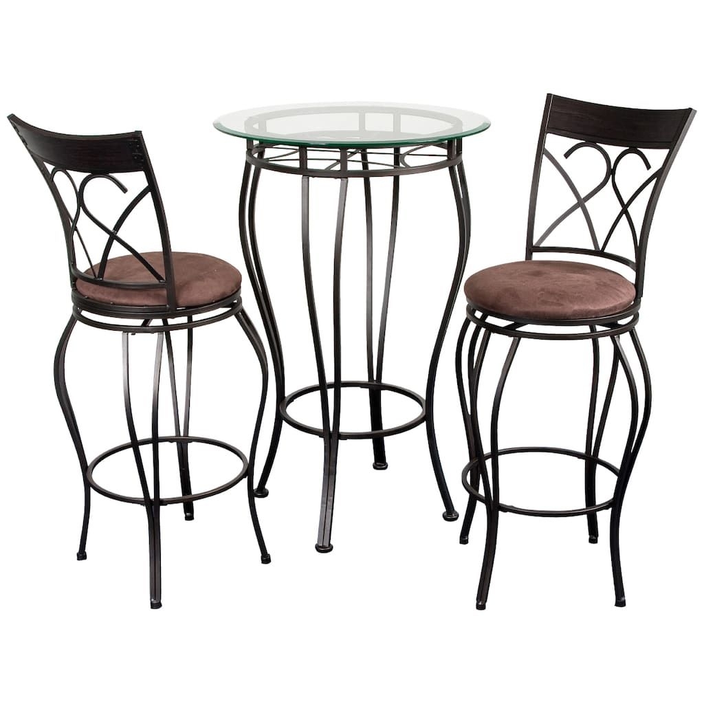 Home Source Industries Fancy Bistro Decorative Metal Pub Table with Glass Top and 2 Stools, Black