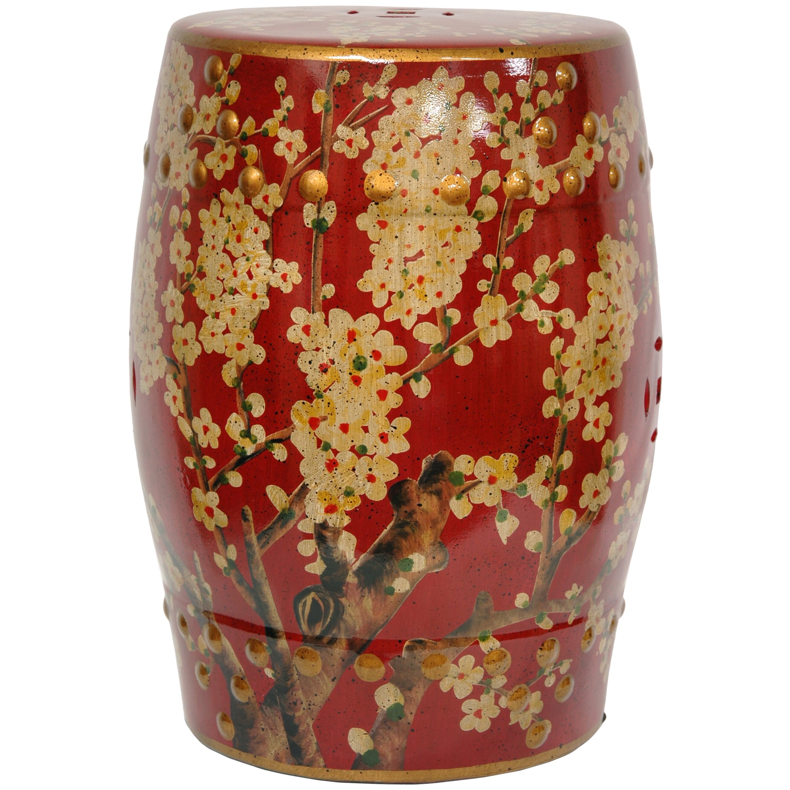 Oriental Furniture Red Porcelain Glaze, 17-Inch Sakura Blossom Garden Stool