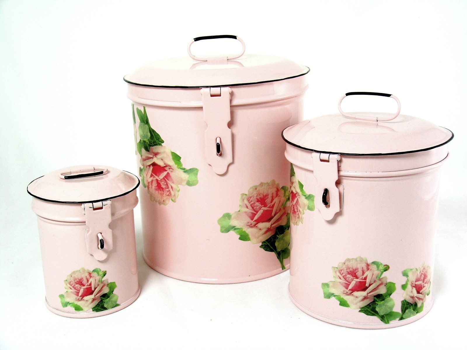 Retro Vintage Canister Set ~ Kitchen Storage Canisters E8 Decorative Containers ~ Shabby Chic Pink Enamel with Shabby Antique Rose