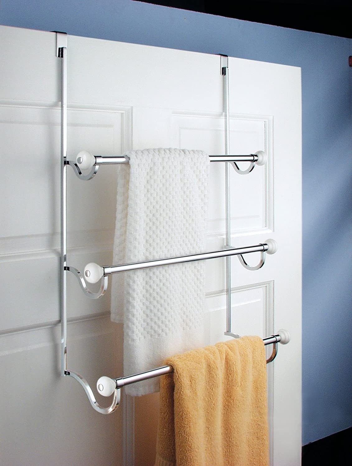 Over The Door 3-Tier Towel Bar Rack, Chrome w/ White Accents