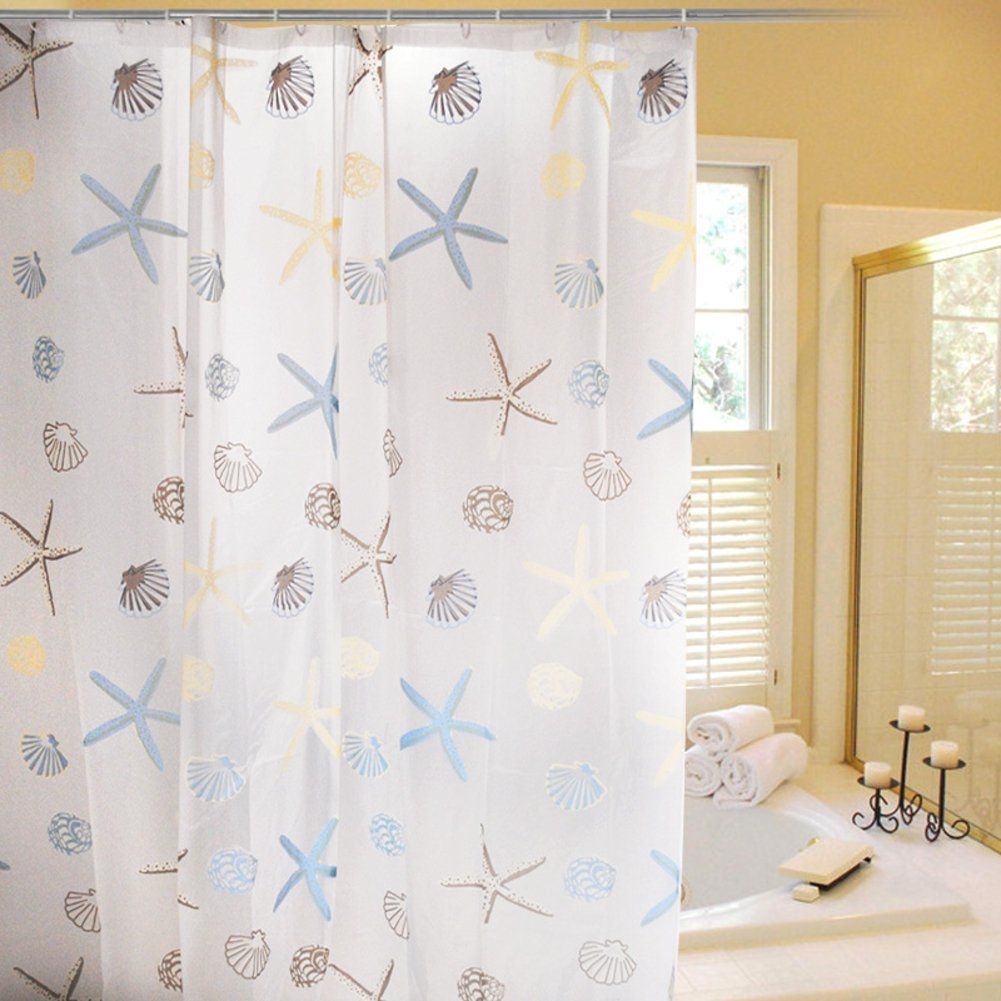 Stylish Living Elegant PEVA Bathroom Shower Curtain Liner for Home / Traval / Hotel with Hooks, Clear with Starfish , Conch and Shell Curtain for Kids, 72 Inches X 72 Inches