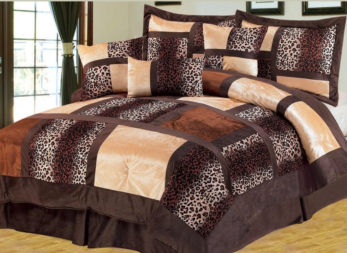 5 Pieces Brown Micro Fur Patchwork Leopard Comforter Set Luxury Animal Print Bed-in-a-bag Set Twin Size Bedding