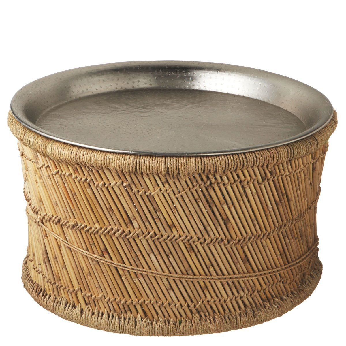 29" Exotic Tropical Bamboo Woven Round Coffee Table with Metal Tray Top