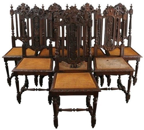 6 Antique Dining Chairs 1880 French Hunting Style Regal Carved Oak Cane Seats