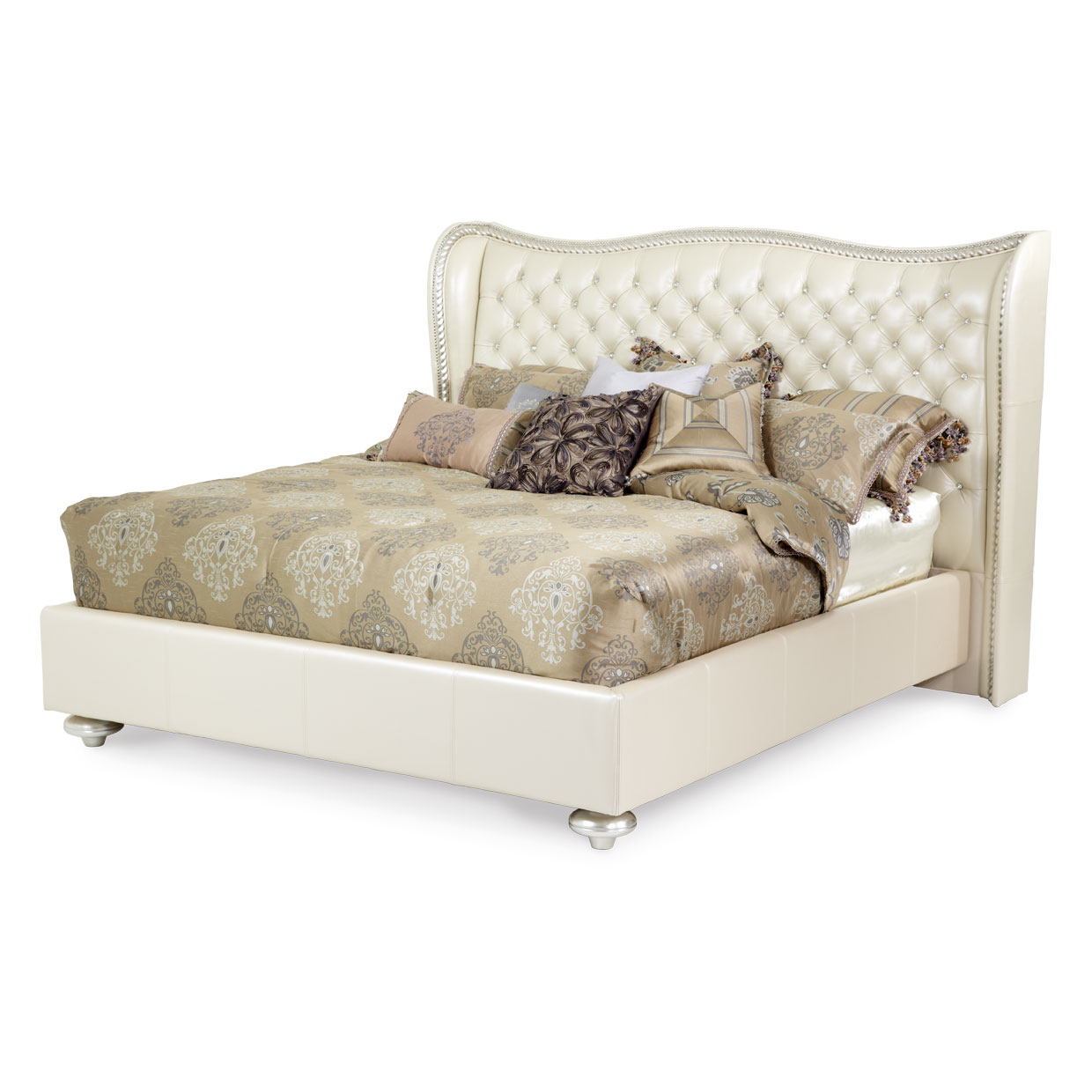 AICO Hollywood Swank Creamy Pearl Tufted White Leather and Crystal Queen Bed 4PC Bedroom Set