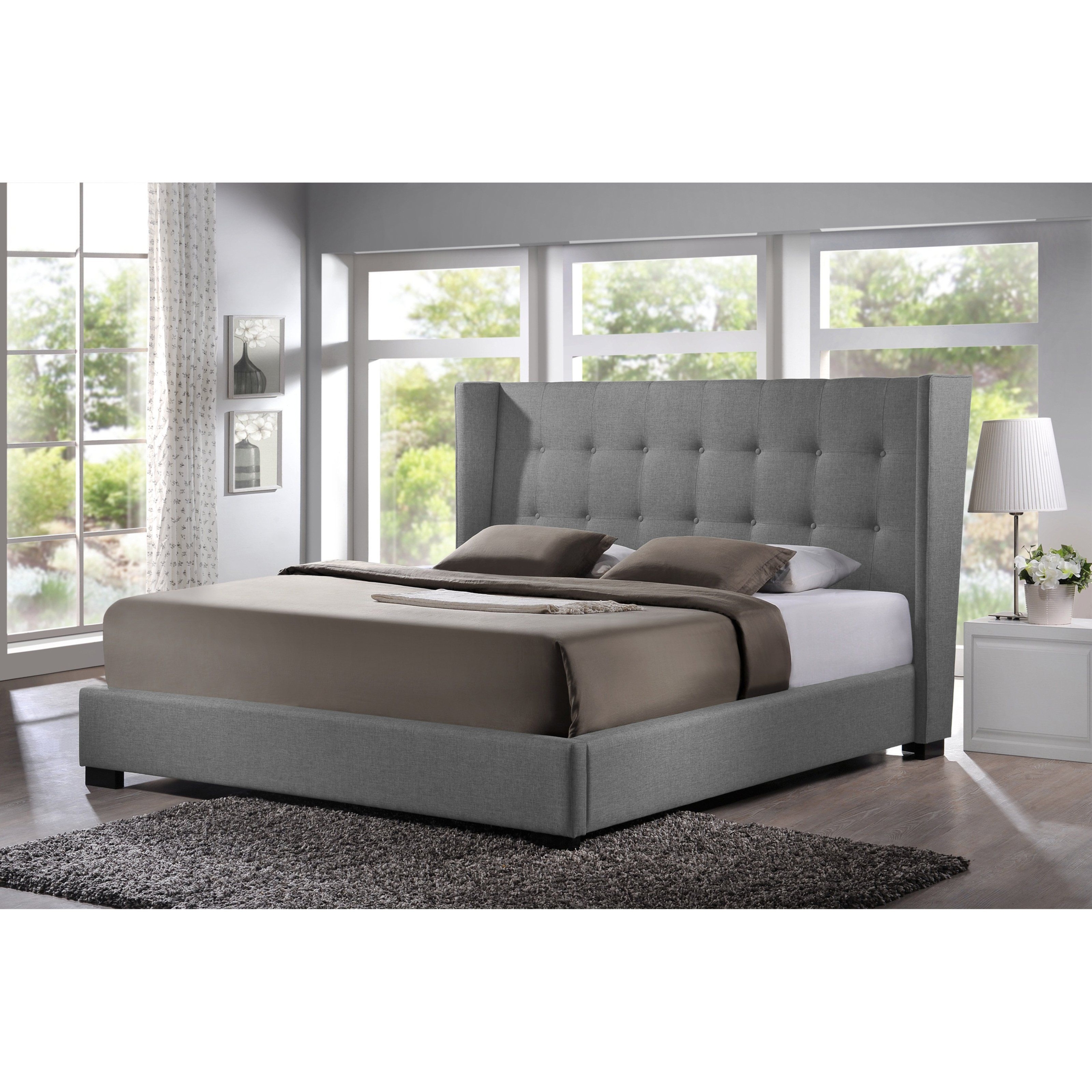 Baxton Studio BBT6386-Queen-Grey-DE800 (B-62) Favela Linen Modern Bed with Upholstered Headboard, Queen, Grey