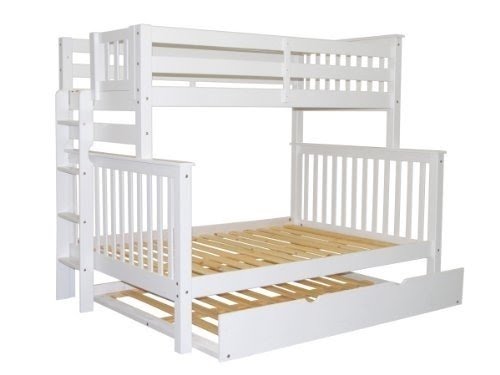 Bedz King Mission Style Twin Over Full White Bunk Bed with End Ladder and Full Trundle