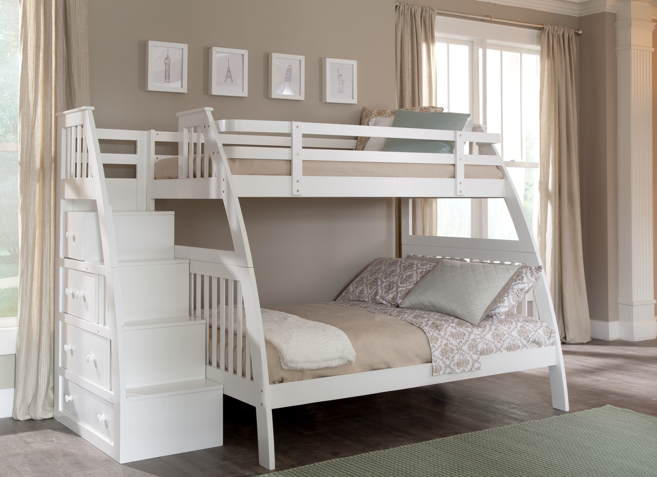 Canwood Ridgeline Bunk Bed with Built-In Stairs Drawers, Twin Over Full, White