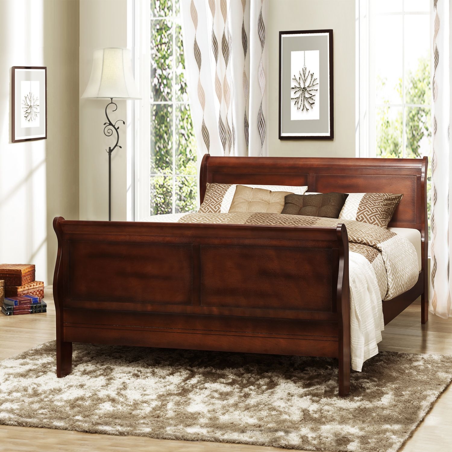 Cherry Wood Finish Queen-size Sleigh Bed Traditional Bedroom Furniture