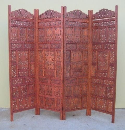 Hand Carved Wooden Room Divider Screen with Antique Finish 72 x 80"