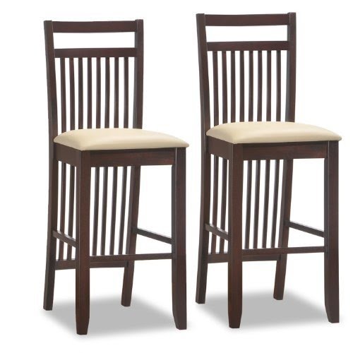 Leick Wood Slat Back Bar Stool with Cream Faux Leather Seat, Set of 2