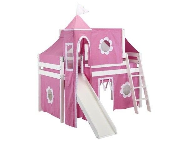 Low Loft Princess Bed with Curtain, Top Tent, Tower and Slide -Pink and White