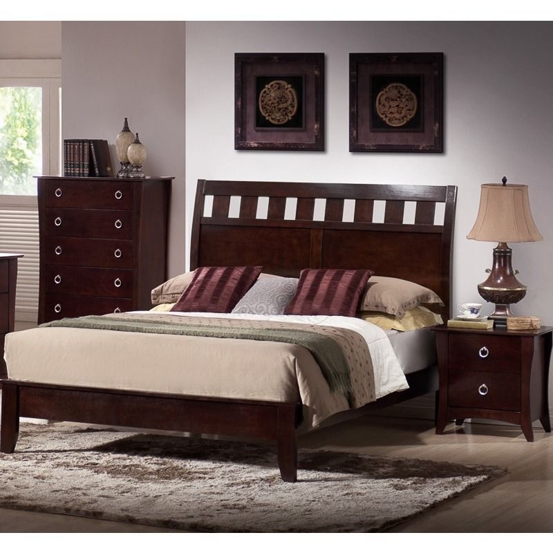 Queen Size Bed with Grid Cutout in Medium Cherry Finish
