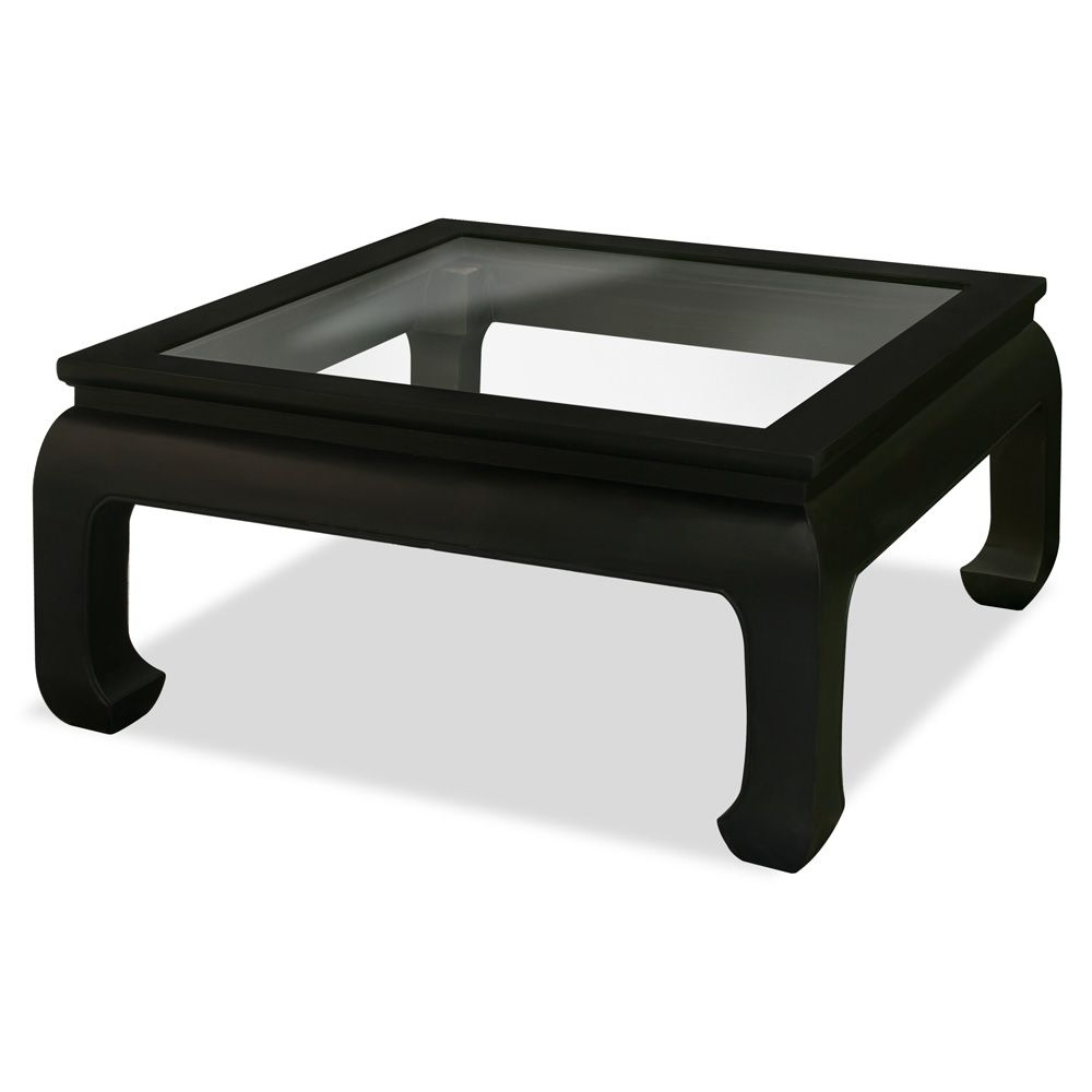 36in Ming Style Square Coffee Table with Glass - Black