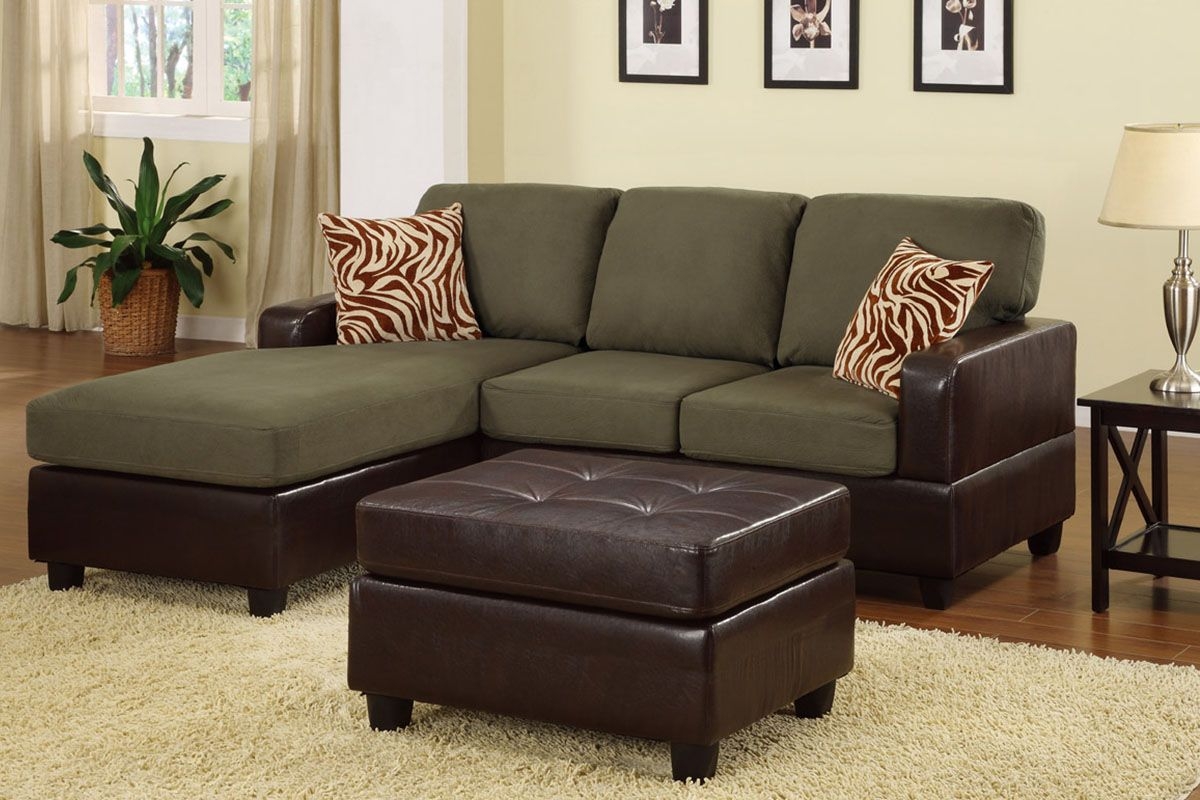 Bobkona Manhattan Reversible Microfiber 3-Piece Sectional Sofa with Faux Leather Ottoman in Sage Color
