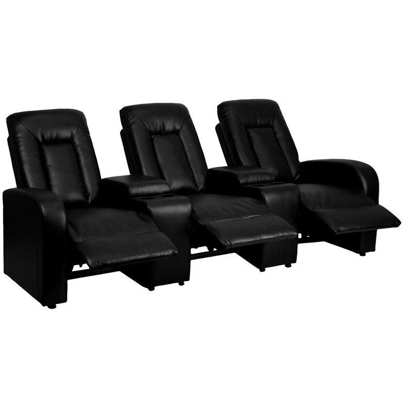 Flash Furniture 3-Seat Black Leather Home Theater Recliner with Storage Consoles