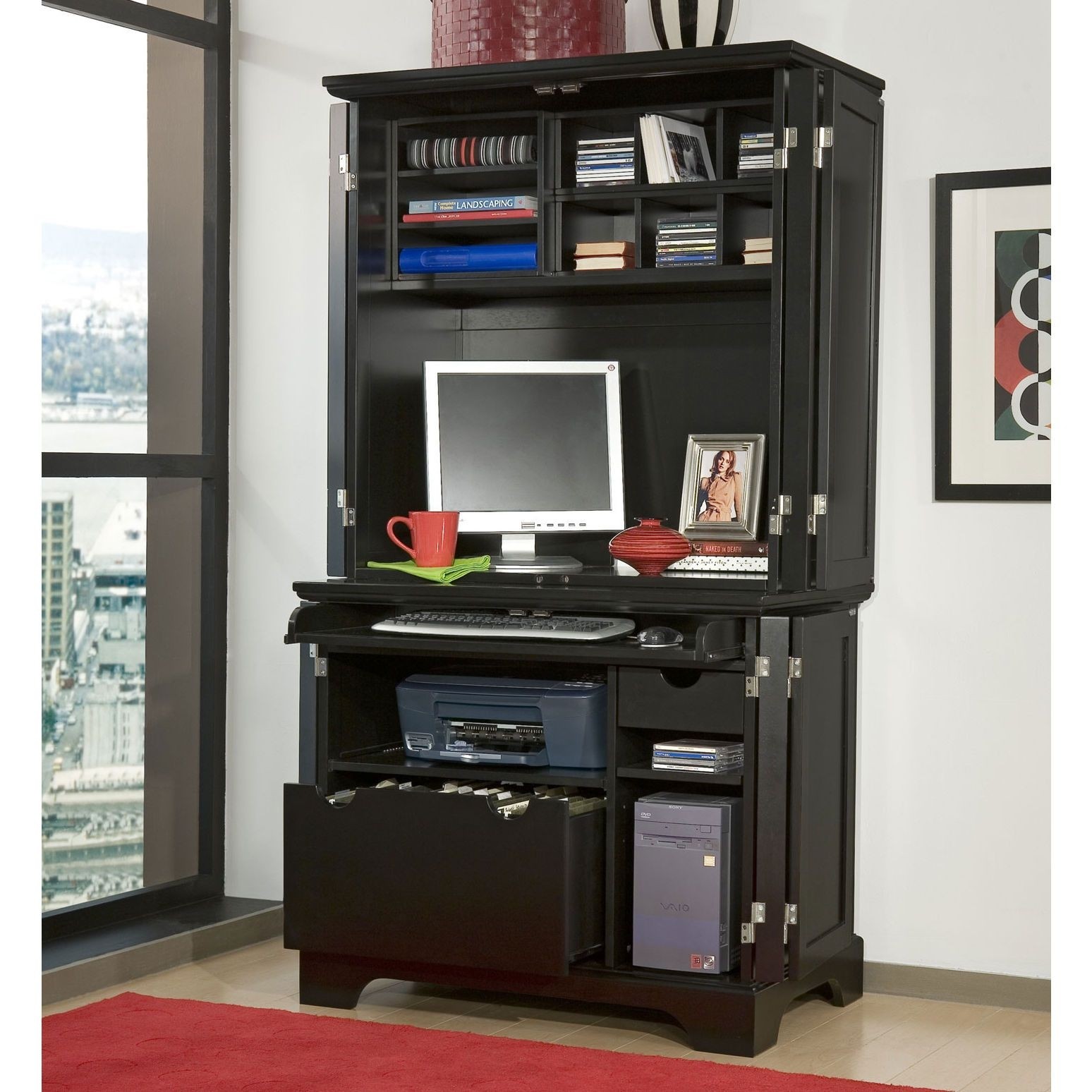 Home Style 5531-190 Bedford Compact Office Cabinet and Hutch, Black
