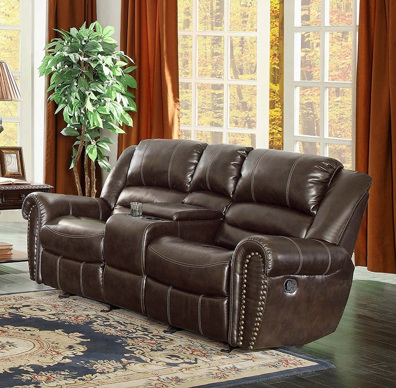 Homelegance 9668BRW-2 Double Glider Reclining Loveseat with Center Console, Brown Bonded Leather