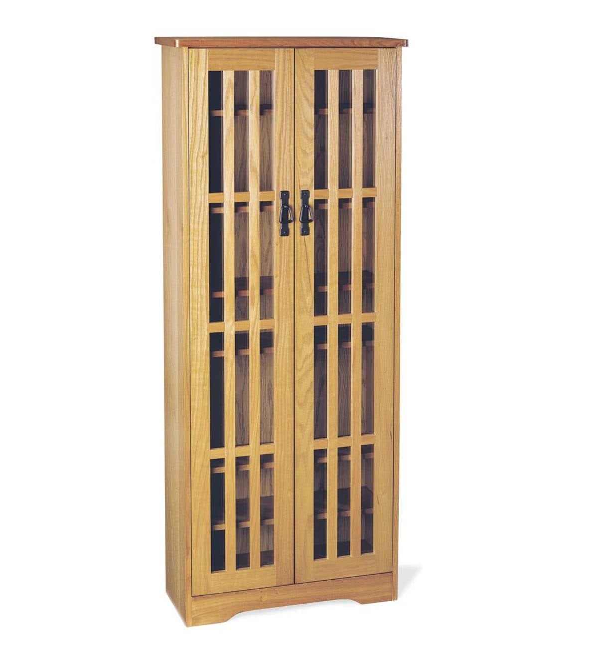 Large Arts and Crafts Style Glass-Front Media Storage Cabinet with Adjustable Shelves in Oak Finish