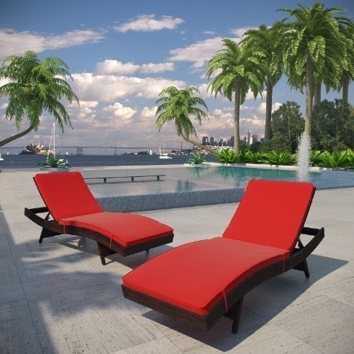 LexMod Peer Outdoor Wicker Chaise Lounge Chair with Brown Rattan and Red Cushions, Set of 2