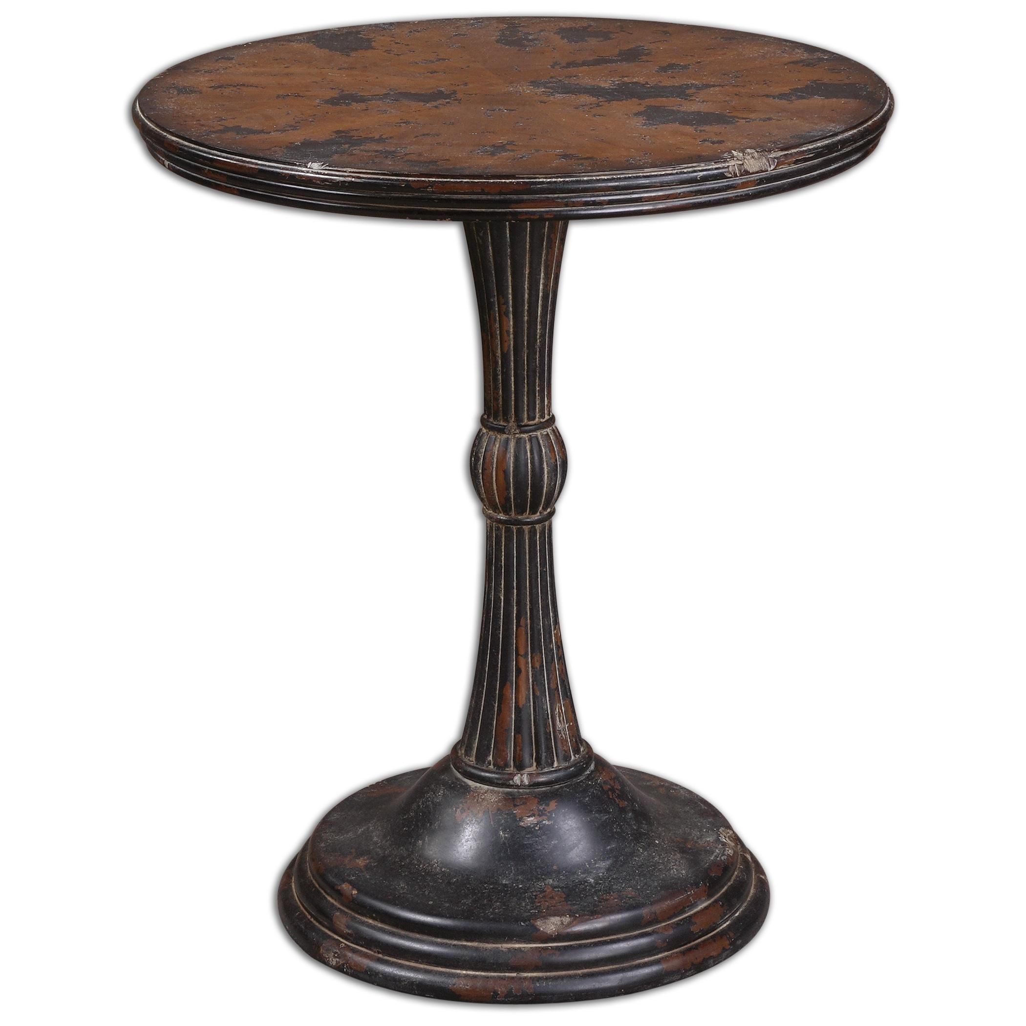 27" LaFleur Aged Oak & Mahogany Veneer Carved Round Accent Pedestal Side Table