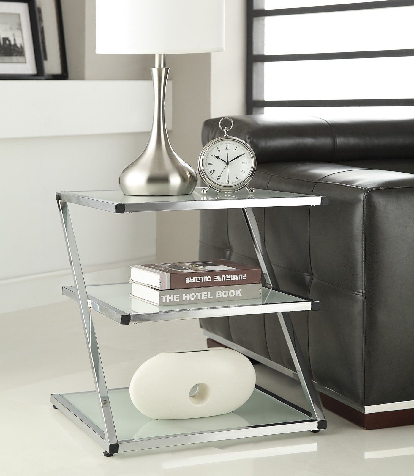 2 Tier Glass Unit Shelf Clear Silver Modern Corner Display Side Table Furniture