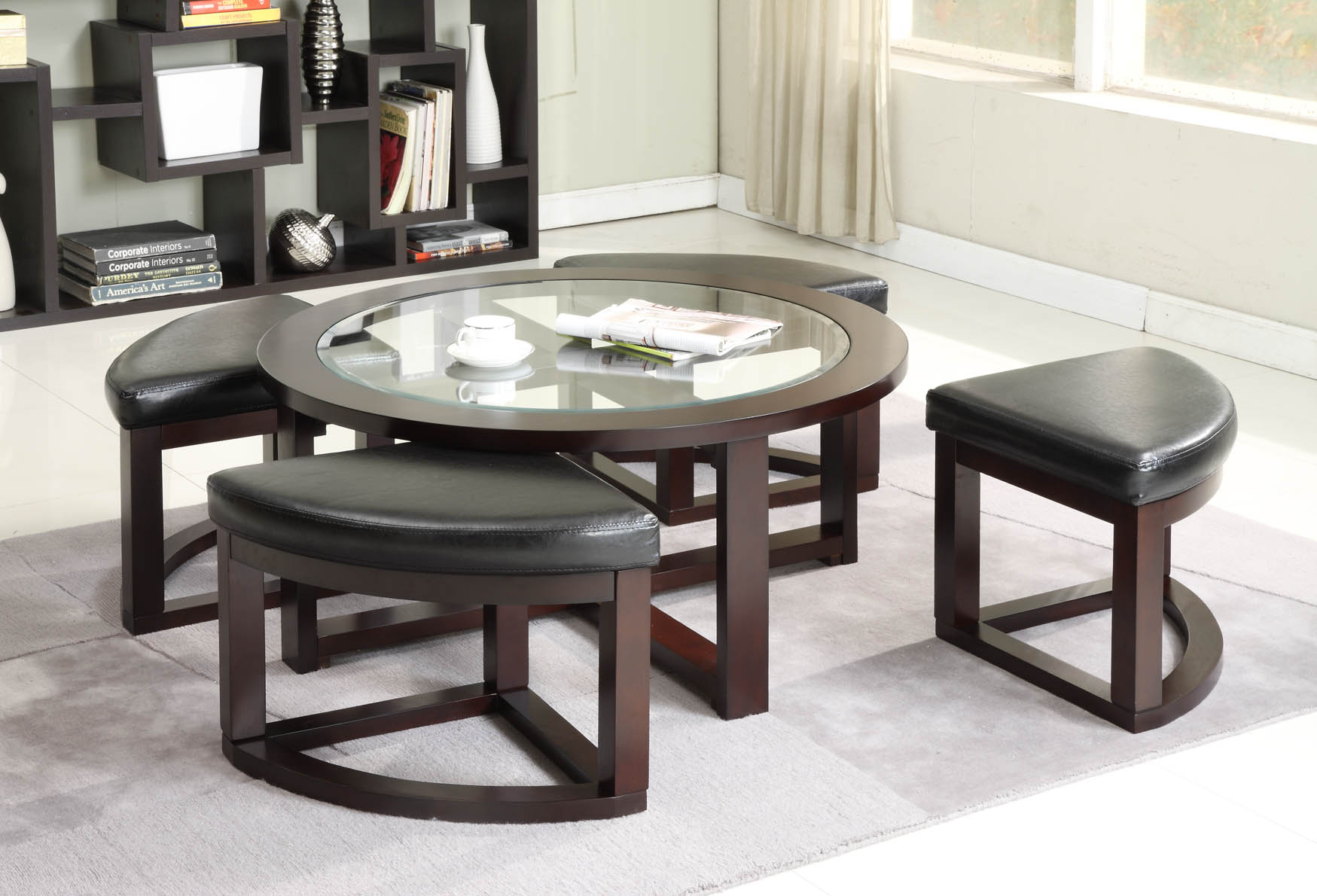 40" Round Coffee Table with 4 Wedge Stools - Espresso Finish