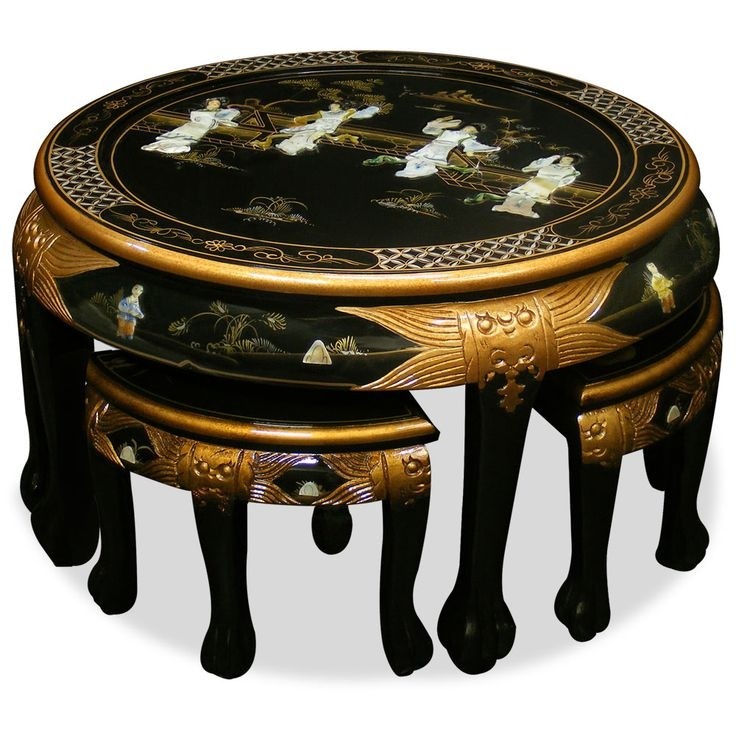 Asian Style Mother of Pearl Round Cocktail Table with 4 Stools