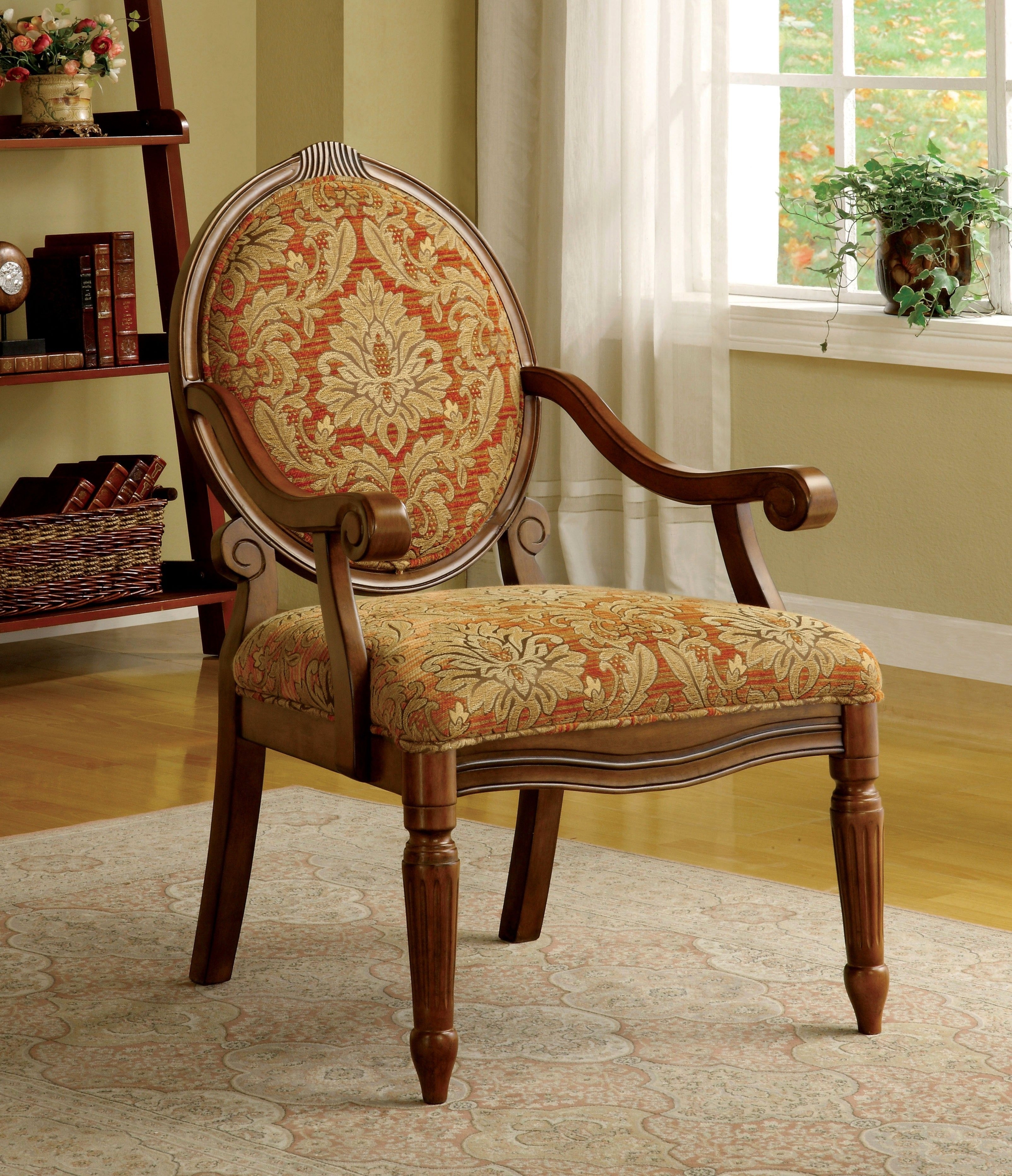 Furniture of America Gwyneth Victorian Style Padded Fabric Arm Chair, Antique Oak Finish
